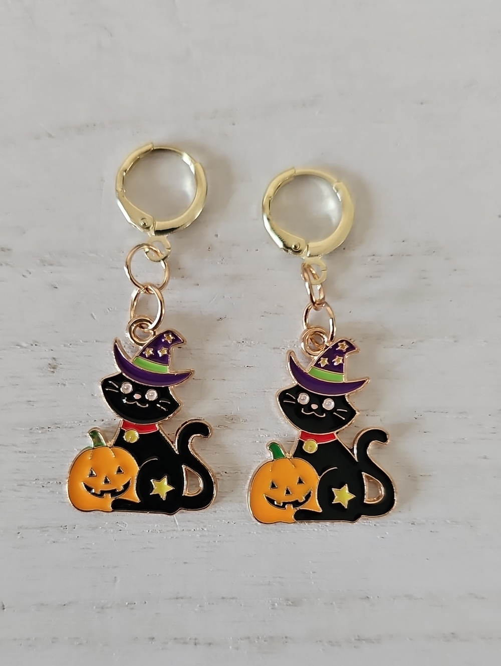 Gold-Tone Black Cat & Pumpkin Dangle Earrings